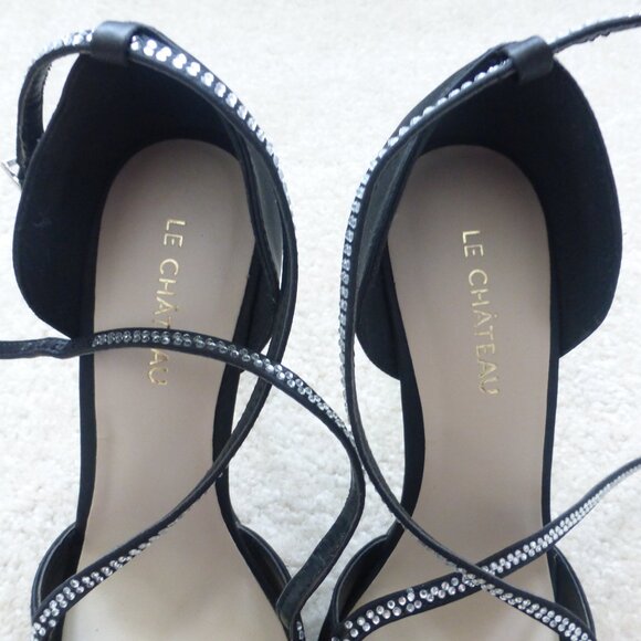 LE CHATEAU black satin pumps with skinny straps and clear rhinestones - Picture 3 of 11